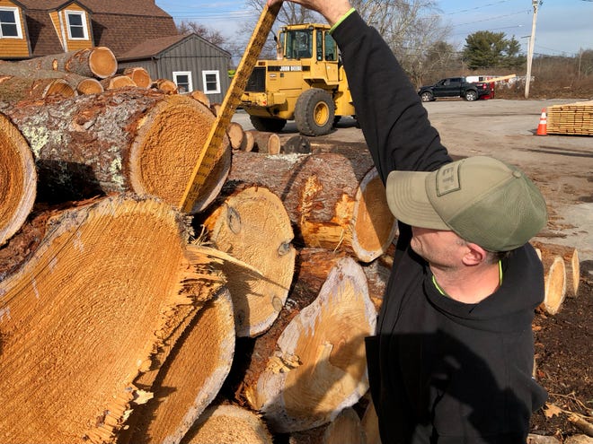 Ed Brightman Jr. measures logs before they are made into planks at Brightman Lumber in Assonet.